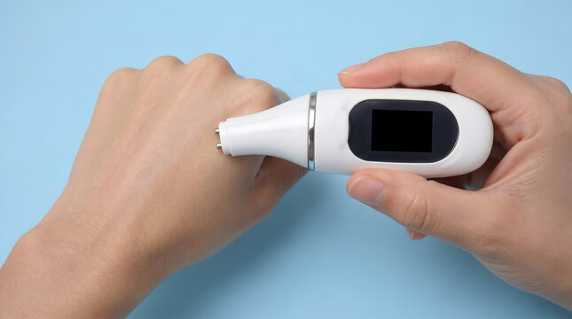 Skin, beauty and tech with electronic device on blue background for moisture test, dermatology and wellness. Hands, tool and healthcare with cosmetic meter, hydrometer and facial routine for spa.
