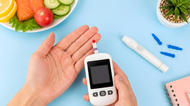 Blood glucose monitor, diabetes and hands with glucometer for health management, sugar level test and medical care. Patient, healthy diet and food with nutrition, lifestyle and chronic illness