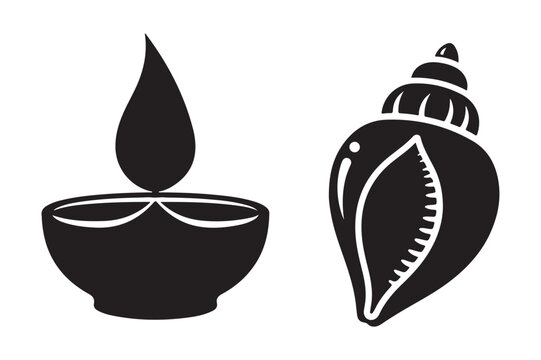 Traditional indian oil lamp and sacred conch shell decorative vector icons
