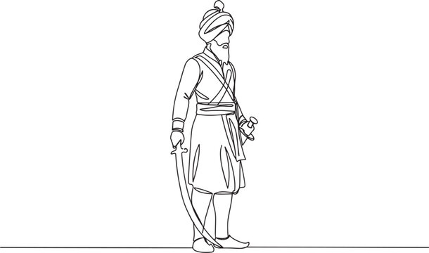 Line drawing of a Sikh warrior with a turban and sword.