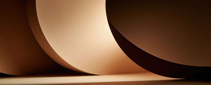 Abstract curled paper shapes with warm brown shadows and light