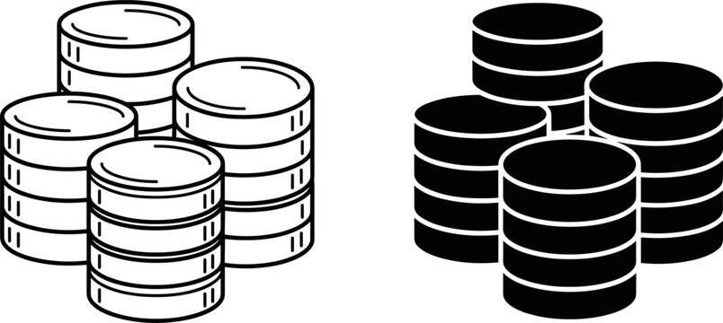 Stacked Coins Line Art and Silhouette Vector Icon Set for Financial Savings Investment Banking Mobile App UI Layouts and Business Infographic Graphic Designs