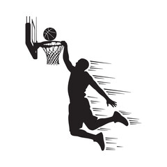 Basketball player silhouette slam dunking ball into hoop with motion lines vector graphic for sports competition and athletic performance © Zulfa
