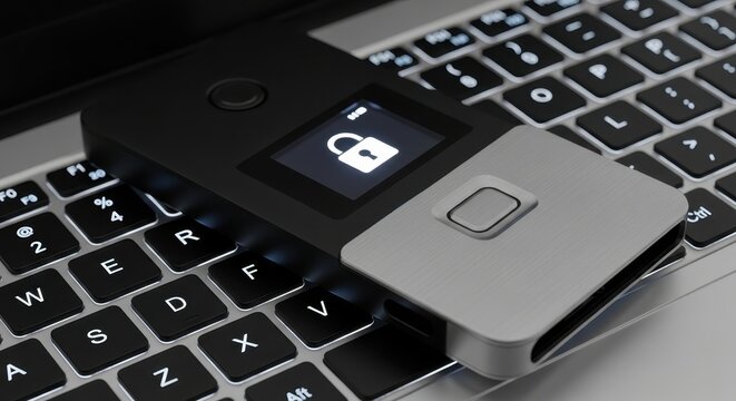Hardware Cryptocurrency Wallet with Lock Icon on Laptop Keyboard for E