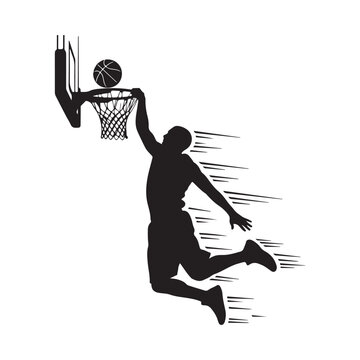 Basketball player silhouette slam dunking ball into hoop with motion lines vector graphic for sports competition and athletic performance