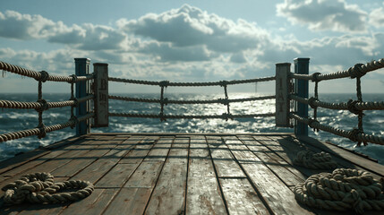 Obraz premium Silhouette , low angle shot , a wooden boxing stage in the middle of blue ocean , action image.