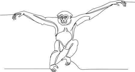 Fototapeta premium Line drawing of a gibbon monkey with outstretched arms, minimalist art.