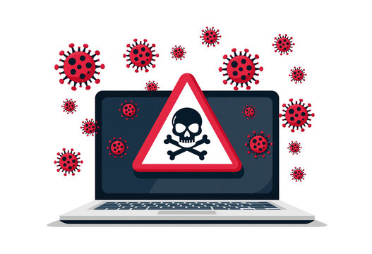 Laptop with virus and skull warning, cybersecurity malware concept