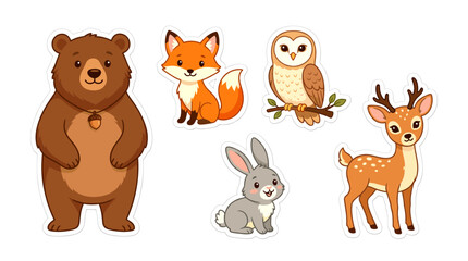 Naklejka premium Cute Woodland Animal Sticker Set Featuring A Friendly Bear Fox Owl Rabbit And Deer Character Illustrations