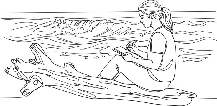 Woman writing in notebook while sitting on a log at the beach.