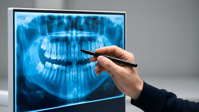 Dentist examining a digital panoramic dental X-ray on a monitor. Focused on teeth and oral health for accurate diagnosis
