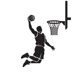 Basketball player silhouette performing a slam dunk with a hoop and ball minimalist black vector graphic for sports branding and athletic competition © Zulfa