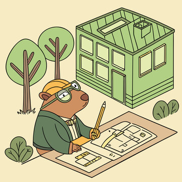 Capybara architect designing a house with a pencil and blueprint in front of a building in the vicinity bona fide capybara architect designing blueprint building construction planning