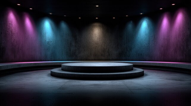 Circular concrete pedestal awaits presentation within a dimly lit  featuring dramatic uplighting