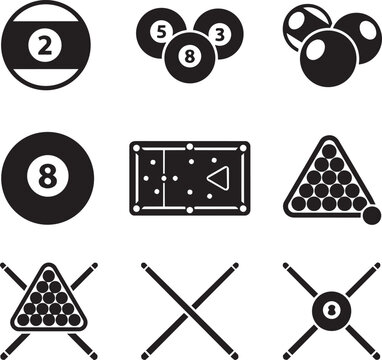 Billiard and pool icons set, black and white snooker equipment vector, 9 professional sports elements including 8-ball and cues