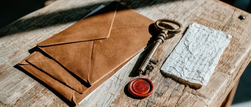 Old envelopes, a key, and a red wax seal arranged on a weathered wooden table with strong lighting creating shadows