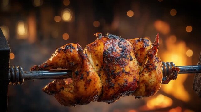 Rotisserie Chicken Day Grilled whole chicken roasting on a spit with smoke rising concept of barbecue and fire-cooked meal