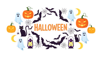 Fototapeta premium Halloween Celebration Border: A whimsical arrangement of classic Halloween icons, including carved pumpkins, playful ghosts, spooky bats, black cats, crescent moons, cobwebs, and vintage lanterns.