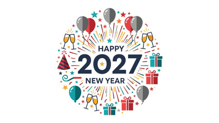 Obraz premium Happy New Year 2027 Celebration: Festive graphic design for the New Year 2027, featuring balloons, confetti, champagne glasses, gifts, and party hats.