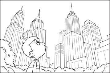 Naklejka premium Young boy gazing up at towering skyscrapers in a city environment.