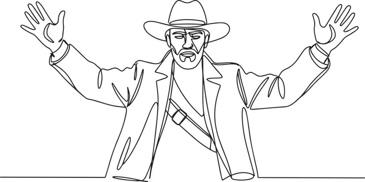 Cowboy with hands up in a line drawing, surrendering with a hat.