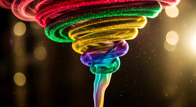 Colorful coiled spring made of fluid shimmering with glitter and bokeh lights
