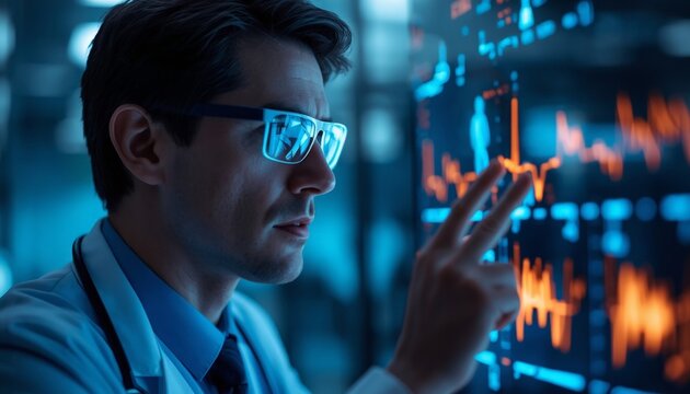 There is a man in a lab coat and glasses looking at a computer screen