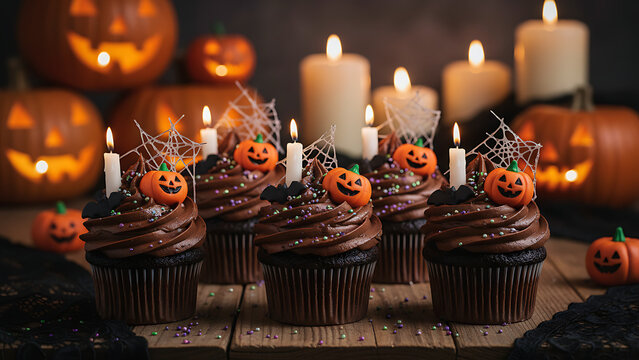 Festive Halloween cupcake assortment with orange pumpkin decor and lit flickering candle placed on rustic wooden table in spooky atmospheric indoor setting for autumn celebration.