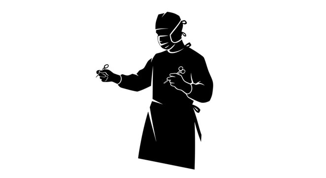 Black silhouette of surgeon holding surgical tools