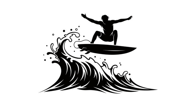 Black silhouette of surfer riding a wave