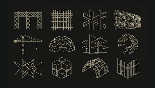 Set of architectural wireframe construction symbols and structural engineering shapes in monochrome line art style with wireframe architecture construction engineering structural