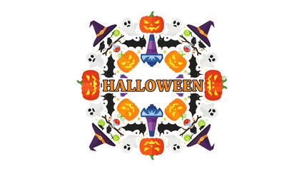 Fototapeta premium Halloween Mandala Design: A circular arrangement of classic Halloween motifs including pumpkins, ghosts, bats, and witch hats, centered around the word Halloween for a festive graphic resource.