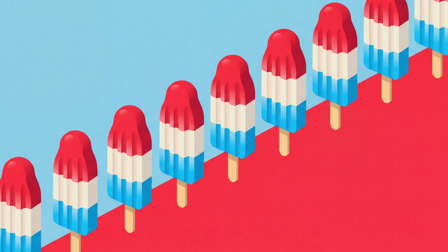 Isometric red white blue rocket pop row on split background, fourth of july summer