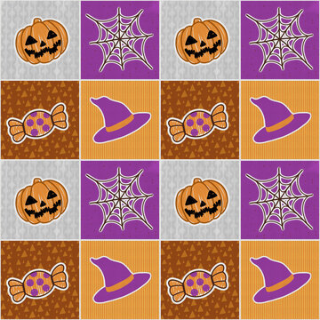 Cute Halloween Patchwork Seamless Pattern with Doodle Pumpkins and Witch Hats