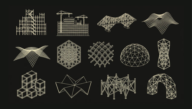 Architectural construction wireframe elements and building structural forms collection with architectural construction wireframe elements building structural collection engineering
