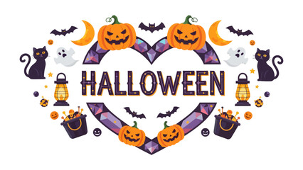 Fototapeta premium Festive Halloween Symbols: A vibrant illustration features classic Halloween icons like carved pumpkins, mischievous black cats, playful ghosts, and crescent moons arranged within a sparkling heart.
