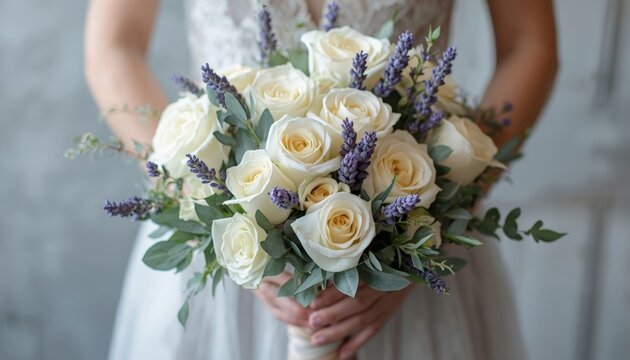 There is a woman holding a bouquet of white roses and lavenders
