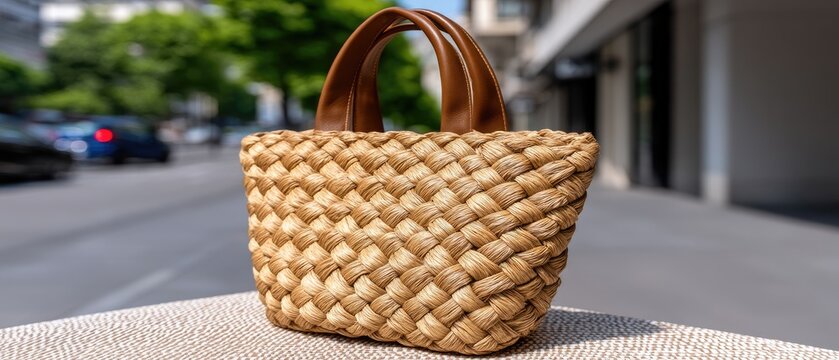 Close up view of light brown woven raffia sandals with leather straps on a woven surface and a leather bag handle in a warm setting