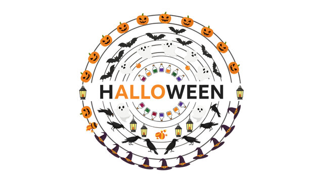 Halloween Celebration Mandala: A festive mandala adorned with classic Halloween symbols like pumpkins, bats, ghosts, and crows, encircling the word HALLOWEEN in bold lettering.