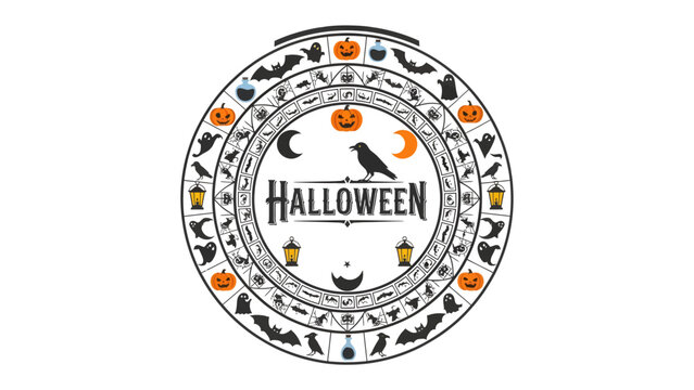 Circular Halloween Emblem: A stylized circular emblem featuring classic Halloween motifs like pumpkins, bats, crows, and lanterns, creating a festive and spooky design.