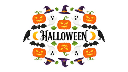 Obraz premium Spooky Halloween Celebration: A festive arrangement of classic Halloween symbols including jack-o'-lanterns, ghosts, bats, crows.