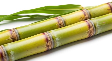 Fototapeta premium Fresh Sugarcane Stalks with Green Leaves Isolated on White Background - Natural Sweetener and Biofuel Source