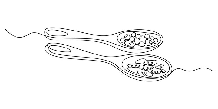 Continuous line drawing Spoons, tablespoons, scoops, kitchen utensils, food, ingredients