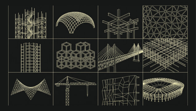 Set of structural engineering wireframe icons for bridge and stadium design with structural engineering wireframe construction architectural building framework infrastructure
