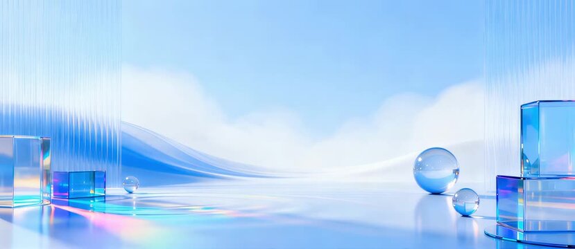 Abstract blue background featuring 3D glass cubes and spheres on reflective surface with prism light effects and sky