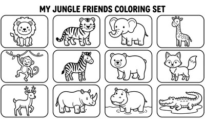 Obraz premium Jungle animal coloring book for kids vector set