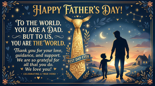 Father's Day card, Happy Father's Day message, silhouette of father and child, sunset landscape, inspirational quote