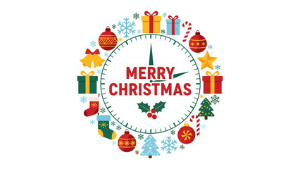 Naklejka premium Christmas Clock Decoration: A festive round graphic design featuring Christmas icons like gifts, ornaments, snowflakes, and trees arranged around a clock face displaying Merry Christmas.