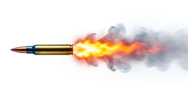 Bullet Firing with Flames and Smoke Isolated on White Background.