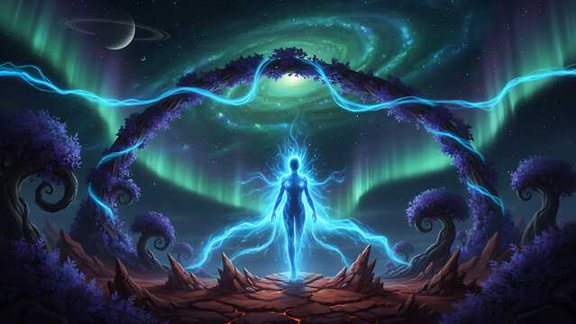 Luminous celestial entity radiating vibrant blue cosmic energy standing on an alien planetary surface under a magnificent shimmering polar aurora borealis within a vast starry deep space landscape.